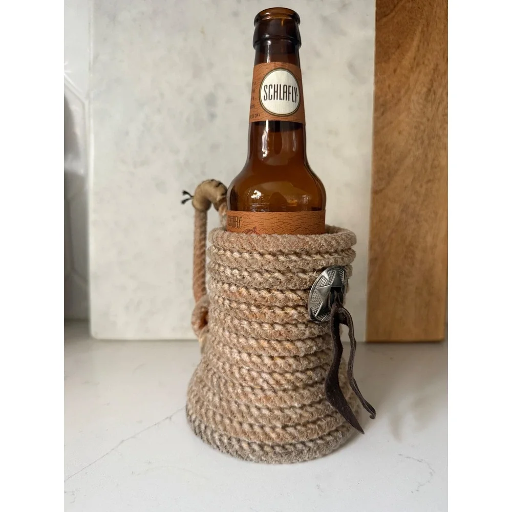 Lariat Rope Beer Mug set Holder Western Star‎ Concho Leather Tassel Drink cowboy